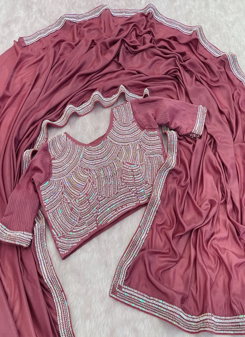 Pink Chocolate Silk Beads Embroidered Lace with piping Designer Saree - JR-653_Pink - Image 2