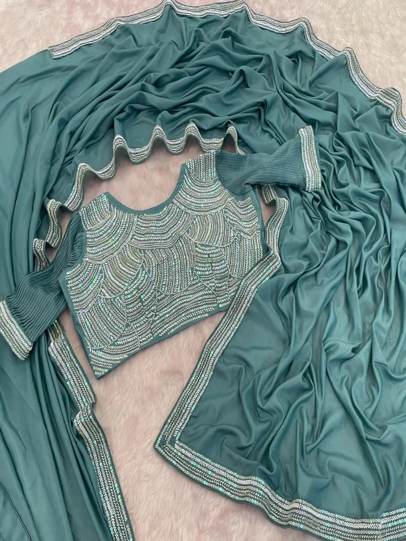 Sea Green Chocolate Silk Beads Embroidered Lace with piping Designer Saree - JR-653_Sea Green