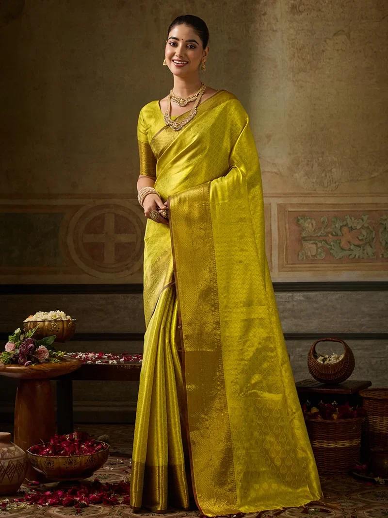 Yellow Kanchivaram Silk Jacquard Printed Designer Saree - KANCHIPATTU4