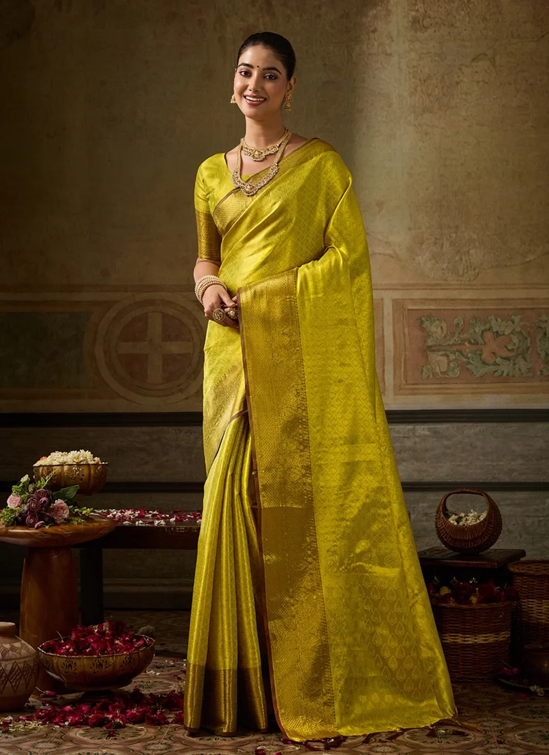 Yellow Kanchivaram Silk Jacquard Printed Designer Saree - KANCHIPATTU4