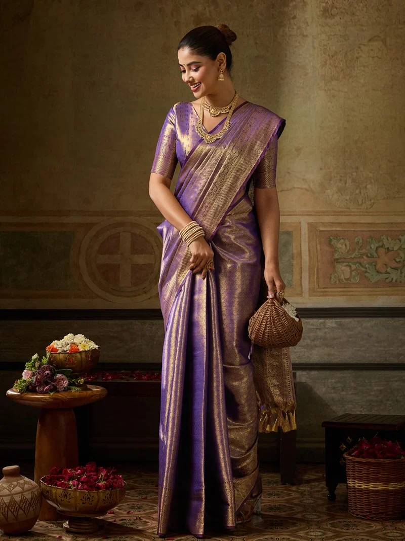 Purple Kanchivaram Silk Jacquard Printed Designer Saree - KANCHIPATTU6