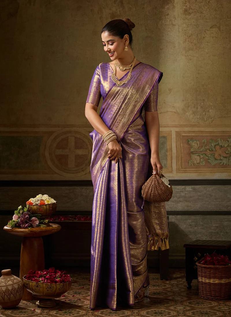 Purple Kanchivaram Silk Jacquard Printed Designer Saree - KANCHIPATTU6
