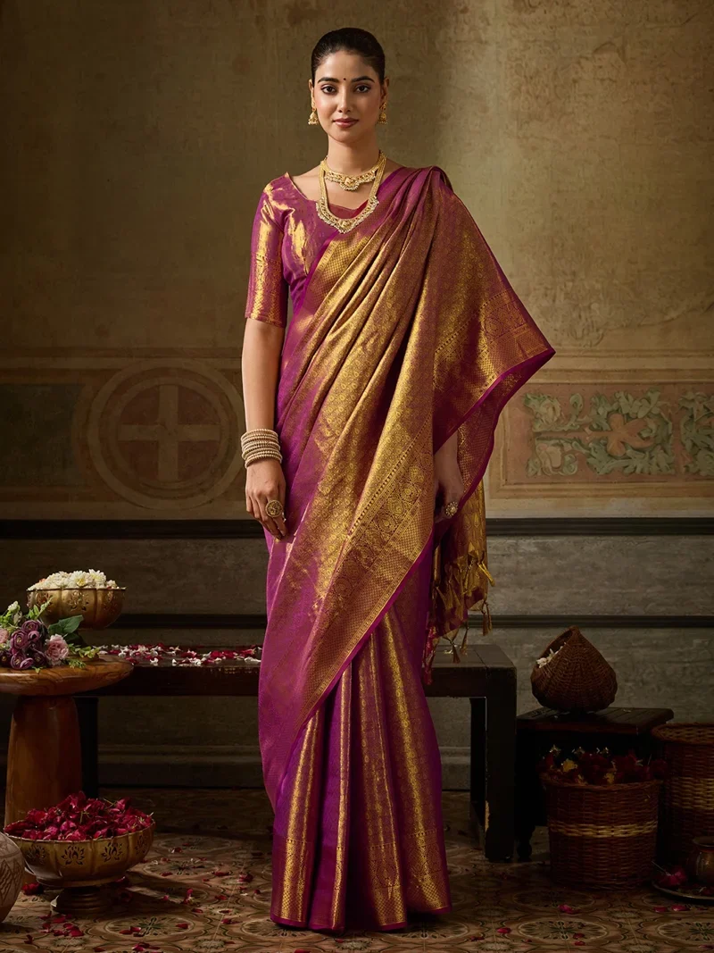 Golden And Pink Kanchivaram Silk Jacquard Printed Designer Saree - KANCHIPATTU7