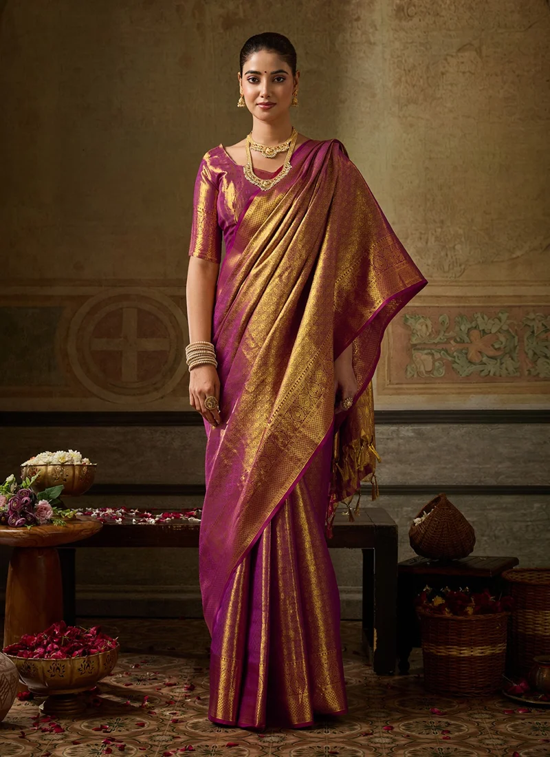 Golden And Pink Kanchivaram Silk Jacquard Printed Designer Saree - KANCHIPATTU7