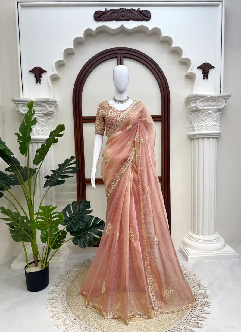 Peach Salsa Silk Pearl with Heavy Beads work Designer Saree - KD-637 - Image 2