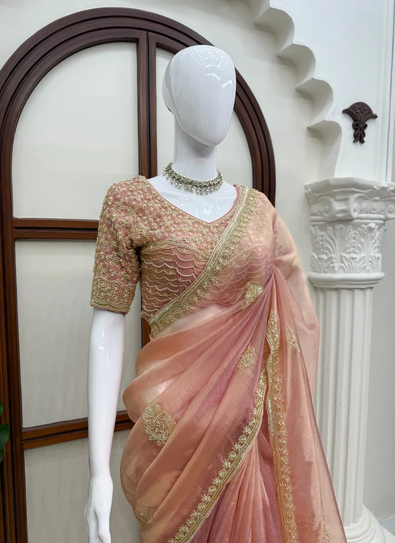 Peach Salsa Silk Pearl with Heavy Beads work Designer Saree - KD-637 - Image 4