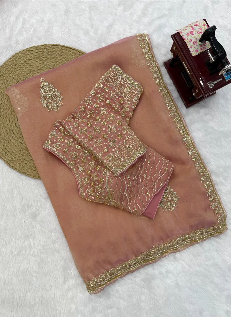 Peach Salsa Silk Pearl with Heavy Beads work Designer Saree - KD-637 - Image 5
