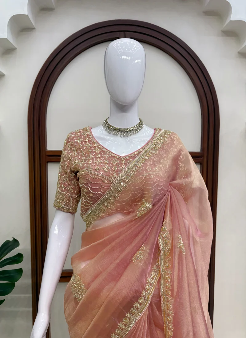 Peach Salsa Silk Pearl with Heavy Beads work Designer Saree - KD-637 - Image 6