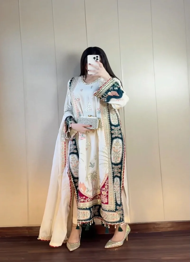 White Star Silk Sequence Embroidery Applique Work Designer Salwar Kameez - LG-2141 View 1
