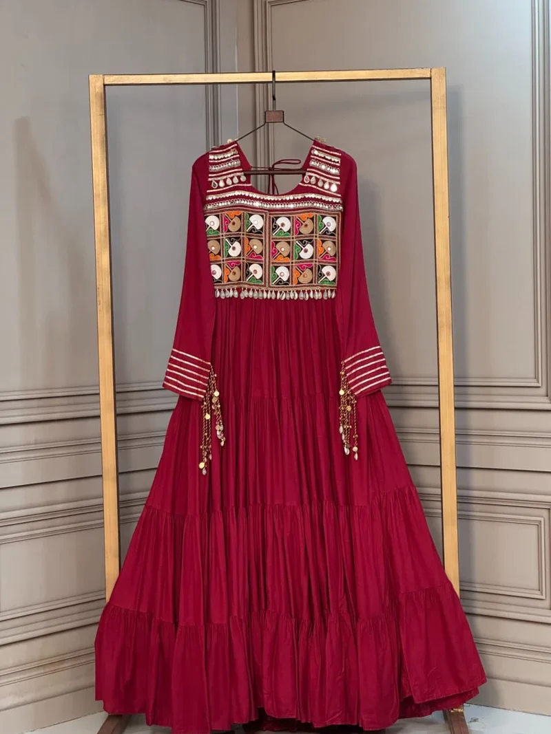 Red 14 Kg Reyon Kutchi Gamthi Thread Designer Anarkali Salwar Kameez