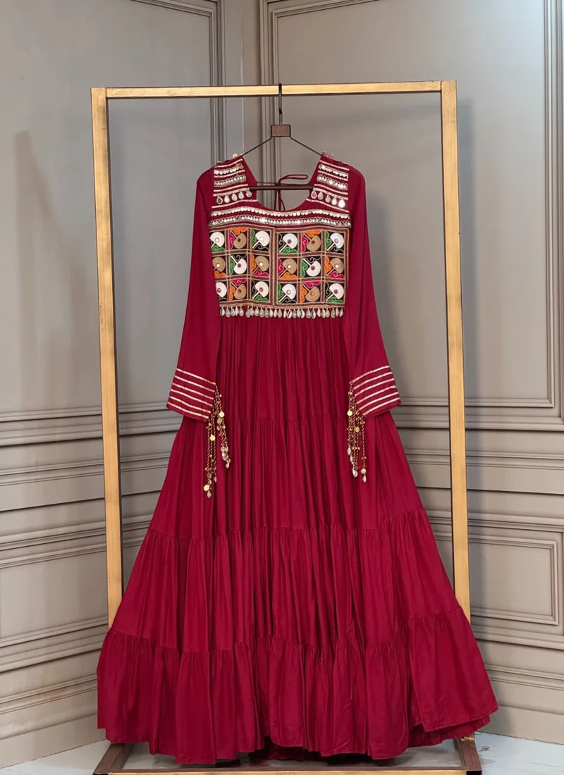 Red 14 Kg Reyon Kutchi Gamthi Thread Designer Anarkali Salwar Kameez