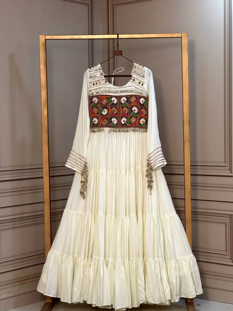 Off White 15 Kg Reyon Kutchi Gamthi Thread Designer Anarkali Salwar Kameez