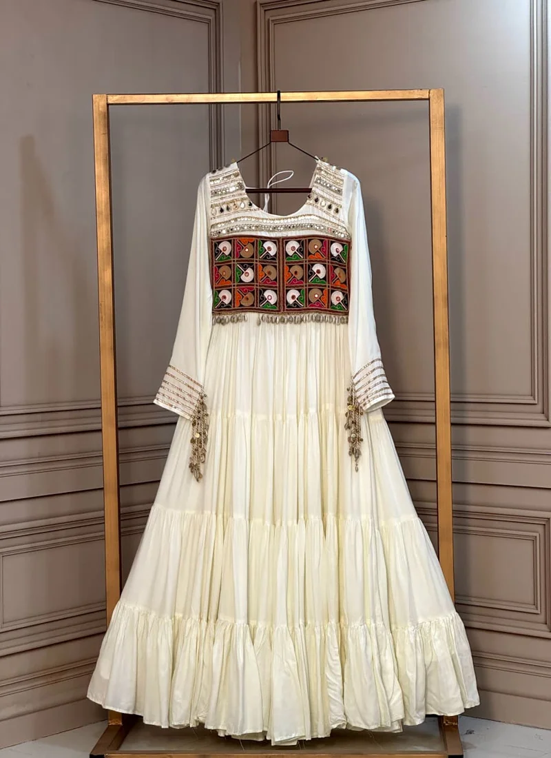 Off White 15 Kg Reyon Kutchi Gamthi Thread Designer Anarkali Salwar Kameez