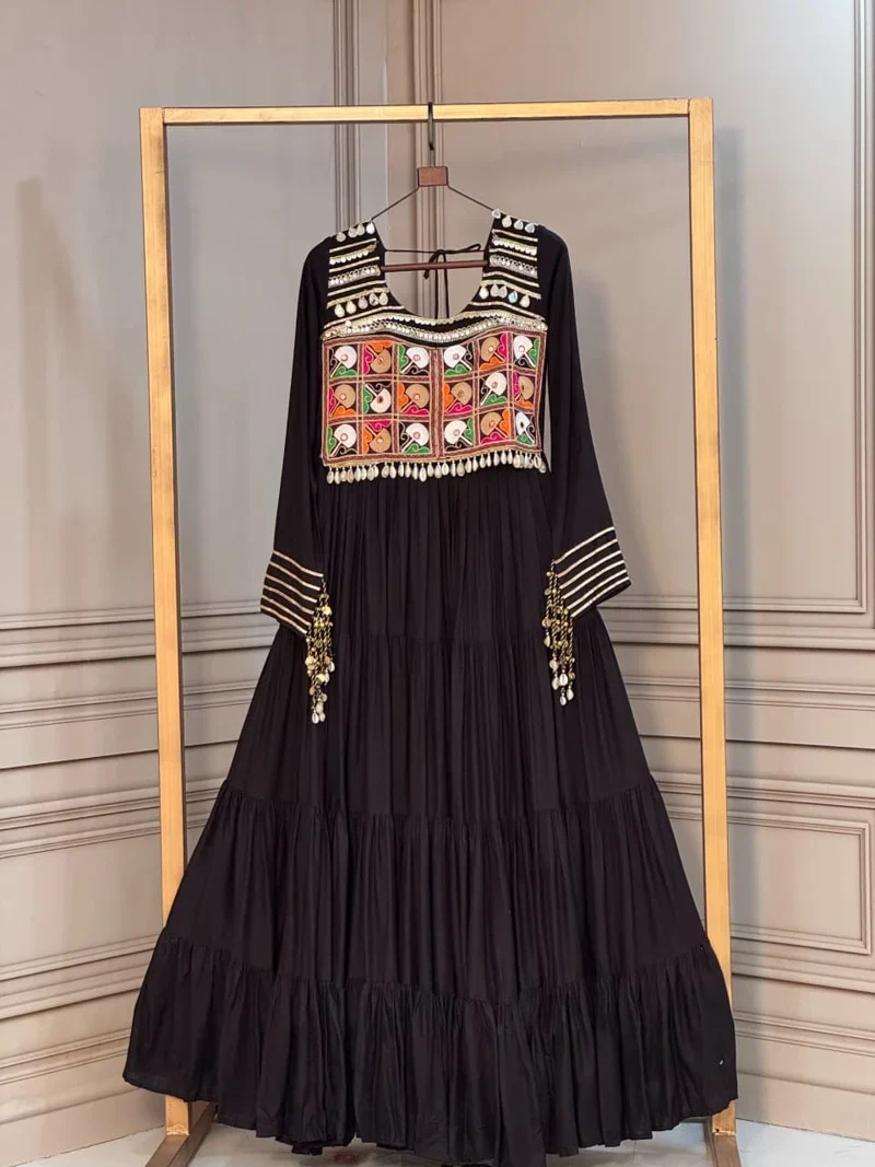 Black 16 Kg Reyon Kutchi Gamthi Thread Designer Anarkali Salwar Kameez