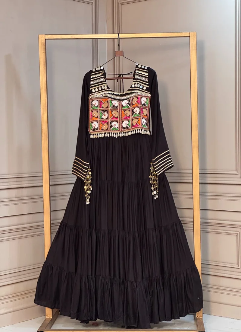 Black 16 Kg Reyon Kutchi Gamthi Thread Designer Anarkali Salwar Kameez