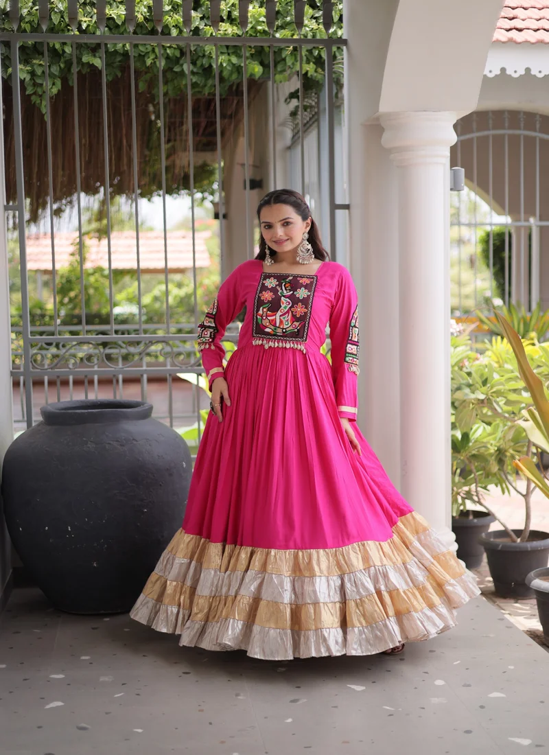 Dark Pink 14 KG Reyon Kutchi Gamthi Thread Work Designer Salwar Kameez