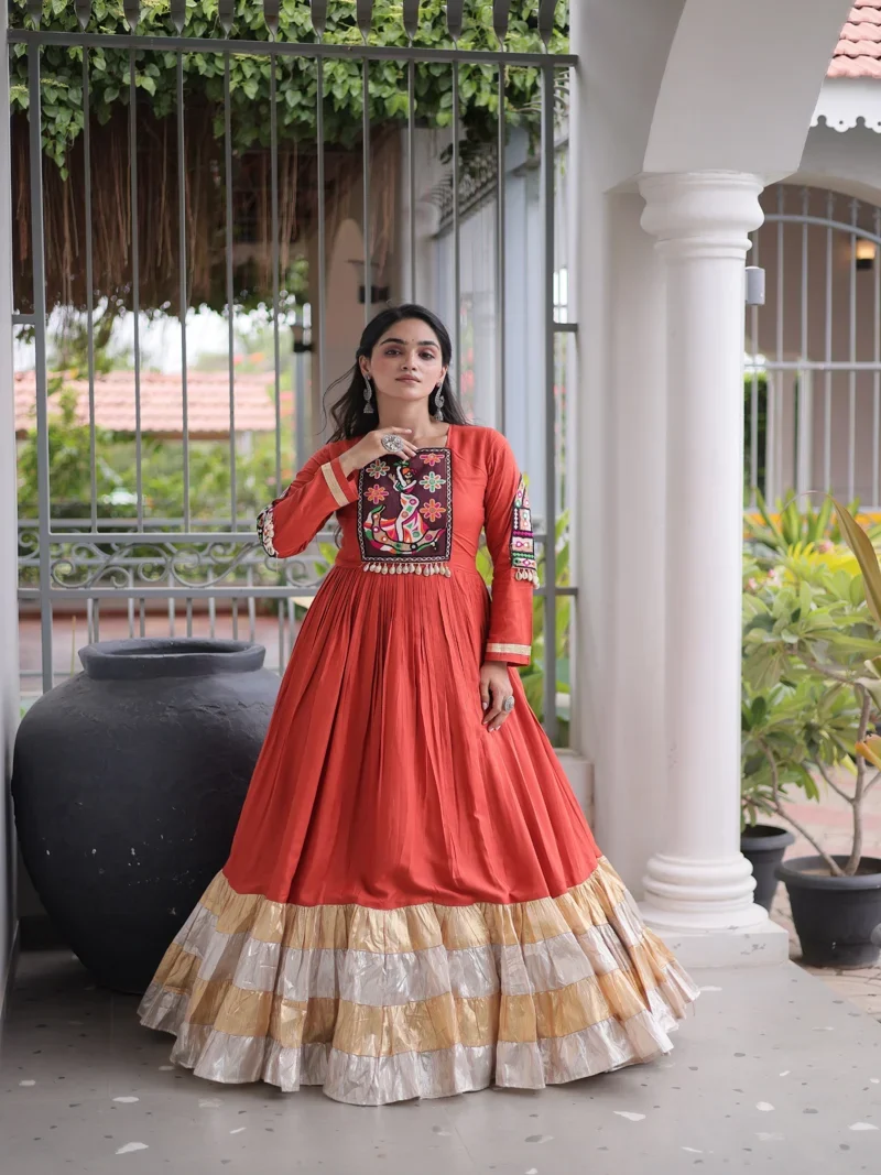 Orange 14 KG Reyon Kutchi Gamthi Thread Work Designer Salwar Kameez
