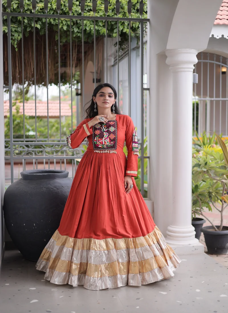 Orange 14 KG Reyon Kutchi Gamthi Thread Work Designer Salwar Kameez