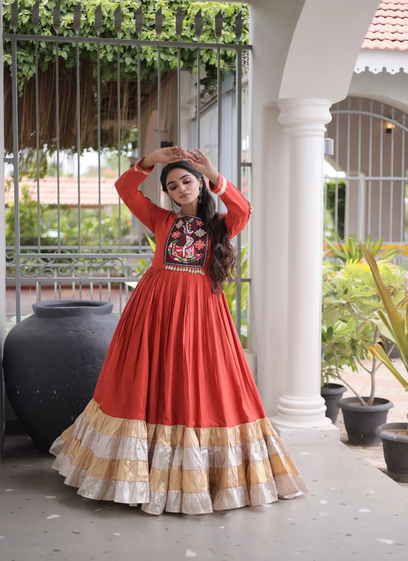 Orange 14 KG Reyon Kutchi Gamthi Thread Work Designer Salwar Kameez - Image 2