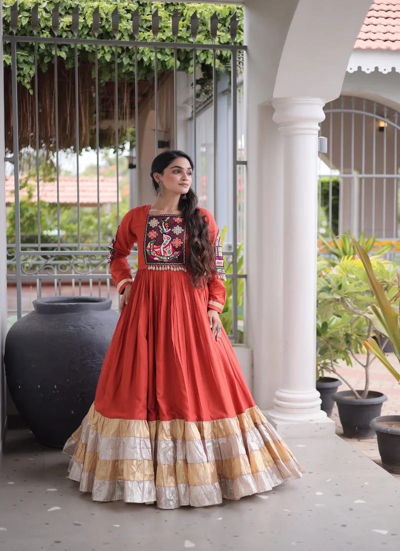 Orange 14 KG Reyon Kutchi Gamthi Thread Work Designer Salwar Kameez - Image 4