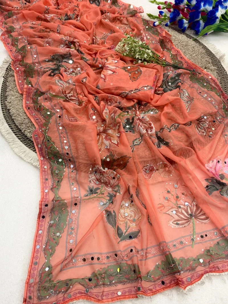 Peach HEAVY SOFT TABBY SILK Digital Print Designer Saree - M-18-19