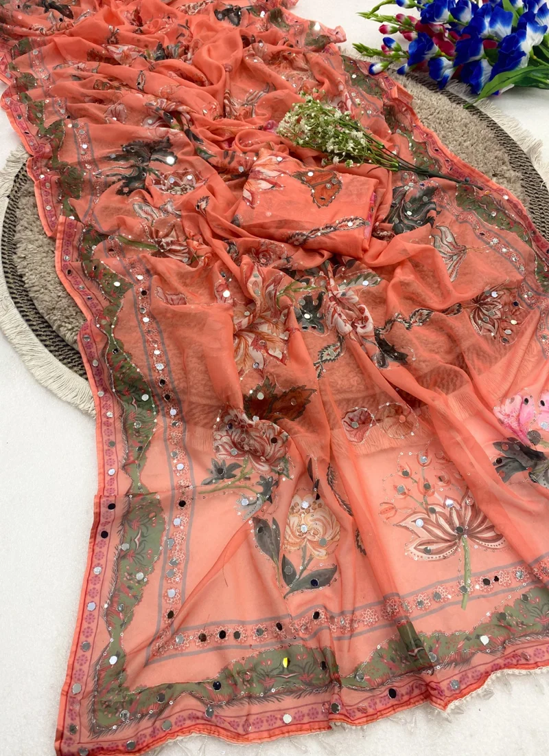 Peach HEAVY SOFT TABBY SILK Digital Print Designer Saree - M-18-19