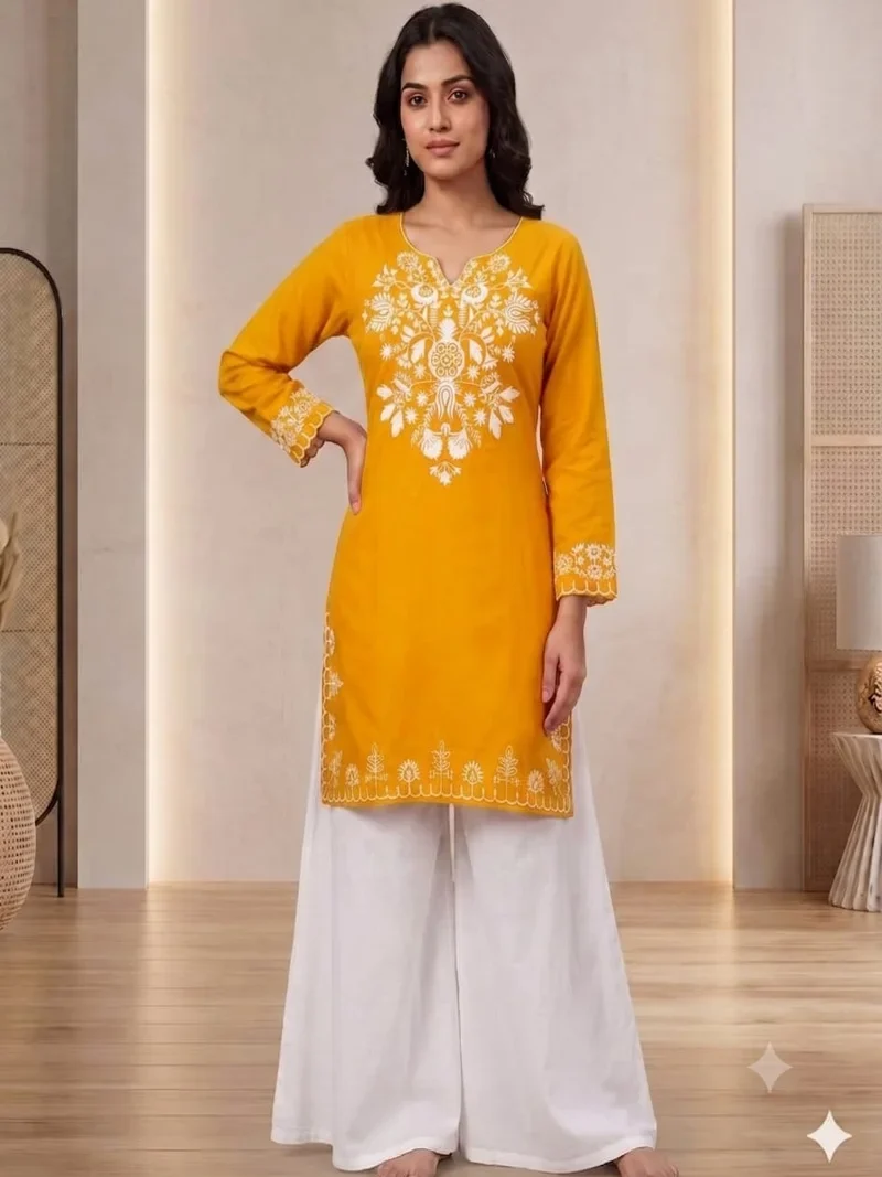 Yello Rayon Embroidered Designer Ethnic Wear - Maruti102