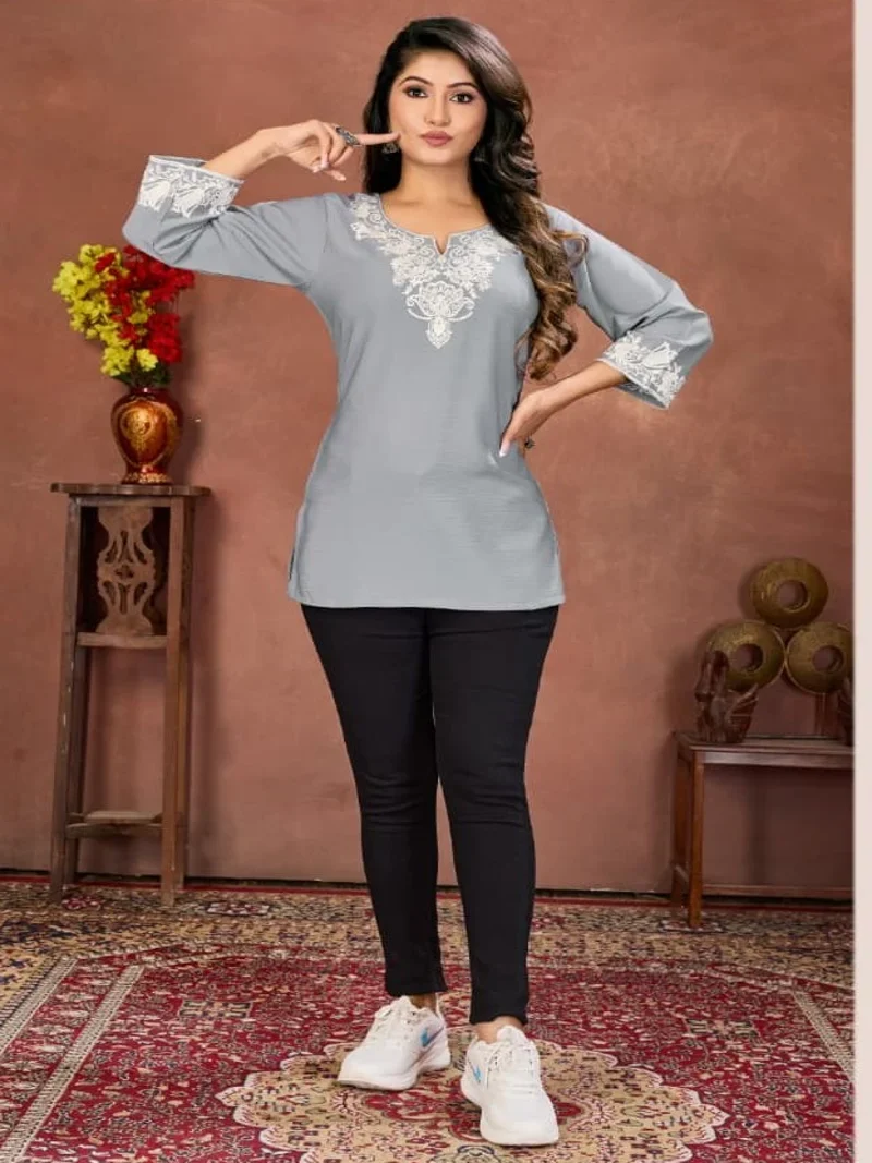 Grey Cotton Embroidered Designer Kurti