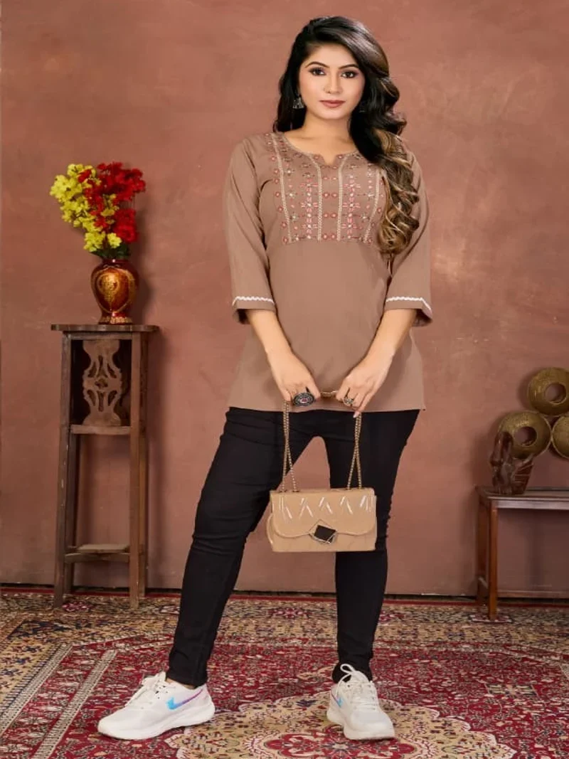 Dusty Brown Cotton Embroidered Designer Kurti