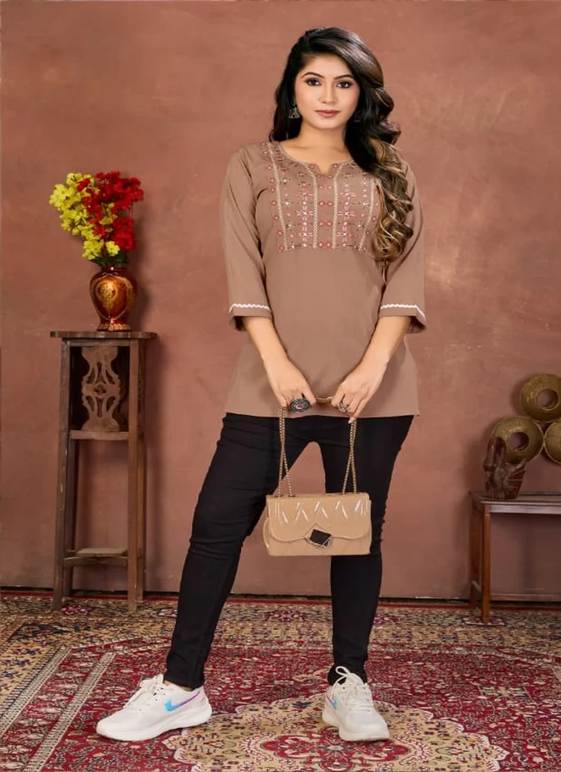 Dusty Brown Cotton Embroidered Designer Kurti