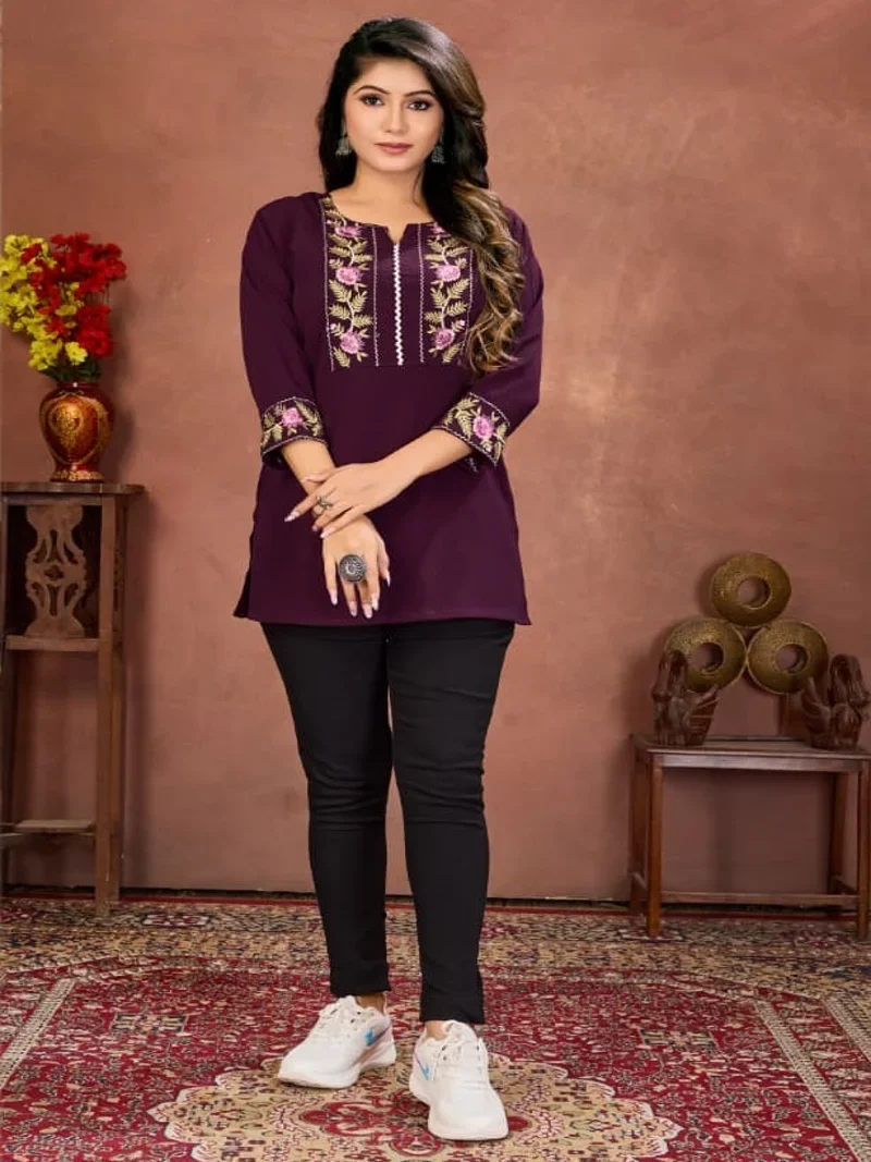 Purple Cotton Embroidered Designer Kurti