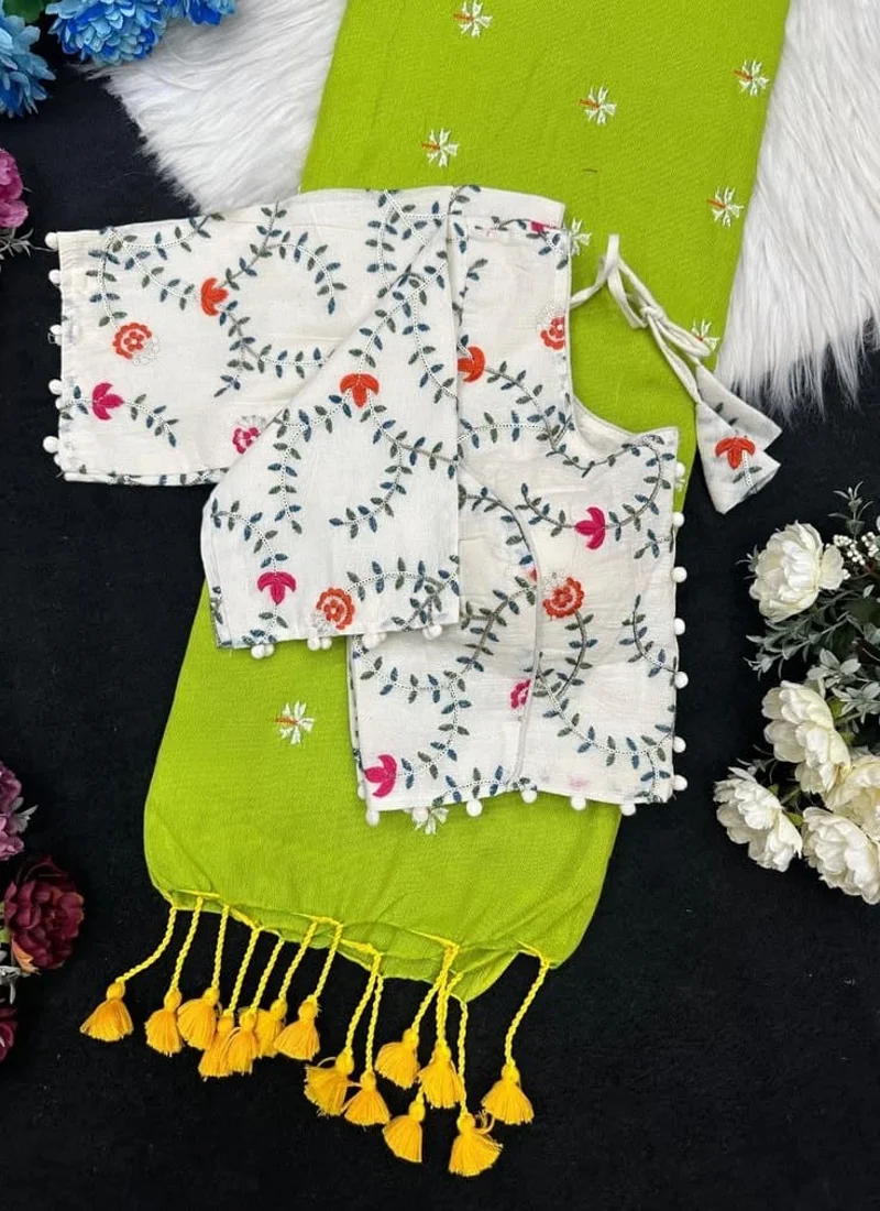 Green Khadi Cotton Latkan & Embroidered Designer Saree - khadi with blouse 41
