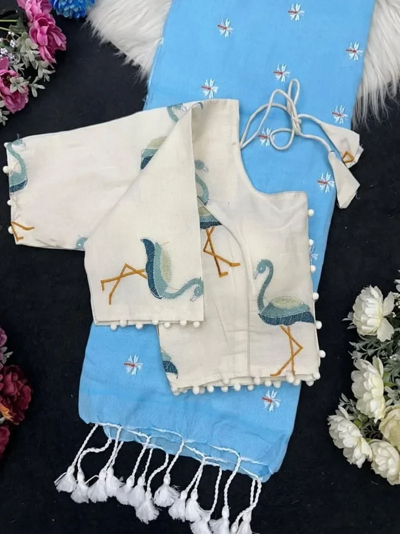 Sky Blue Khadi Cotton Latkan & Embroidered Designer Saree - khadi with blouse 42