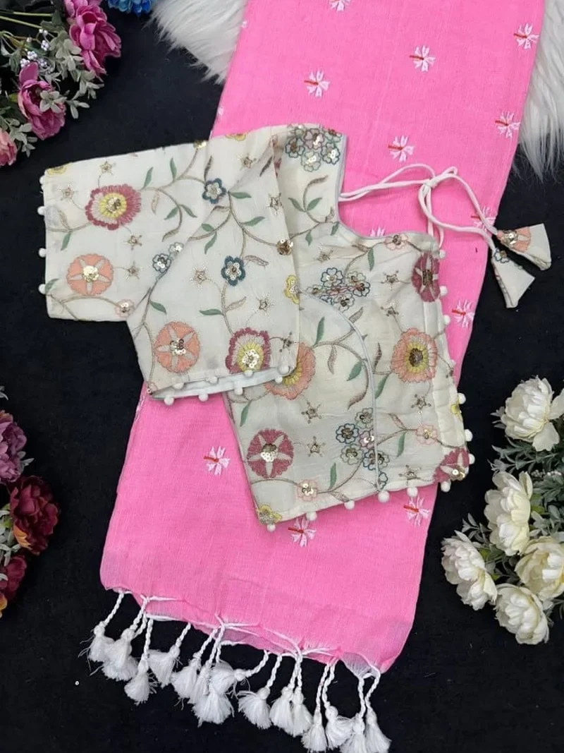 Pink Khadi Cotton Latkan & Embroidered Designer Saree - khadi with blouse 44