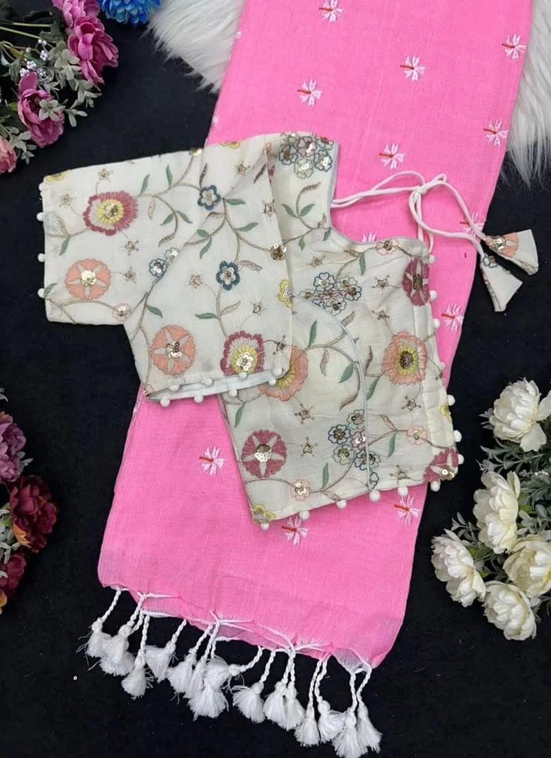 Pink Khadi Cotton Latkan & Embroidered Designer Saree - khadi with blouse 44