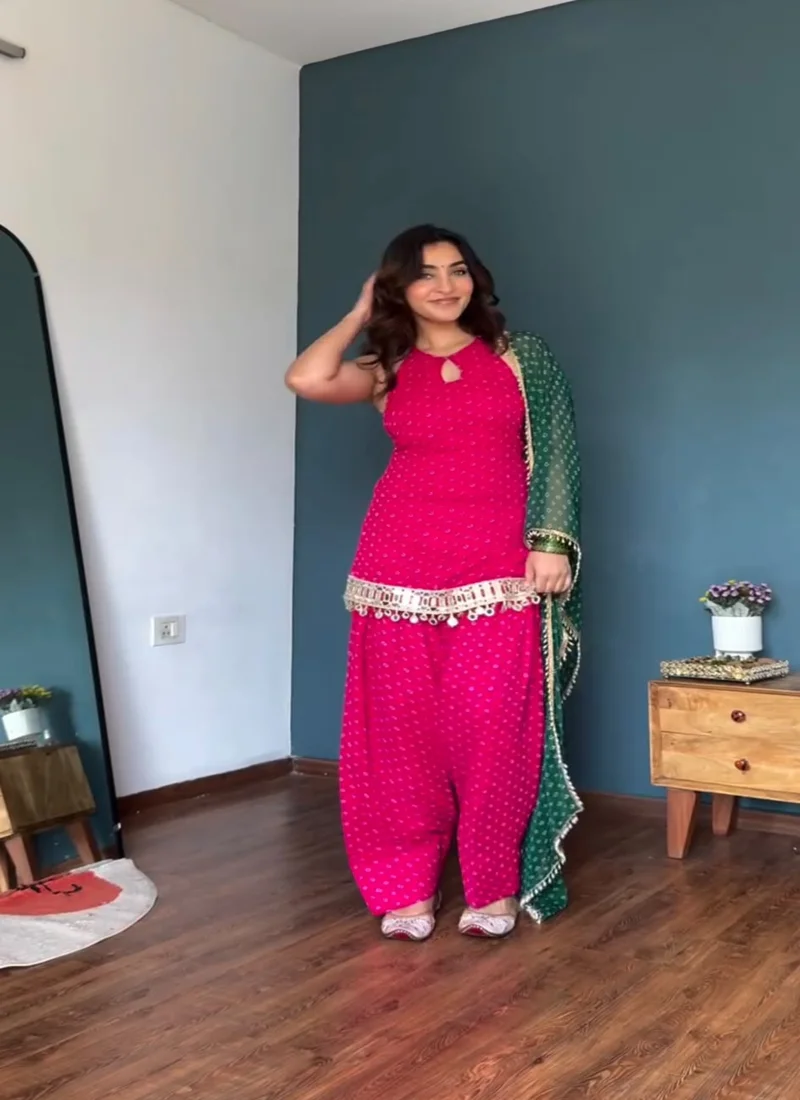 Dark Pink Faux Georgette Digital weightless Print With Real Mirror Fancy Lace work Designer Salwar Kameez - KD 1648 View 2