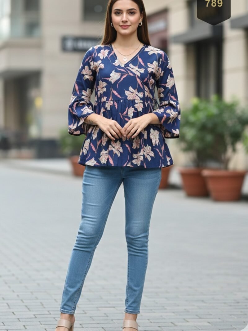Navy Blue Cotton Printed Designer Kurti - Rajnandini03