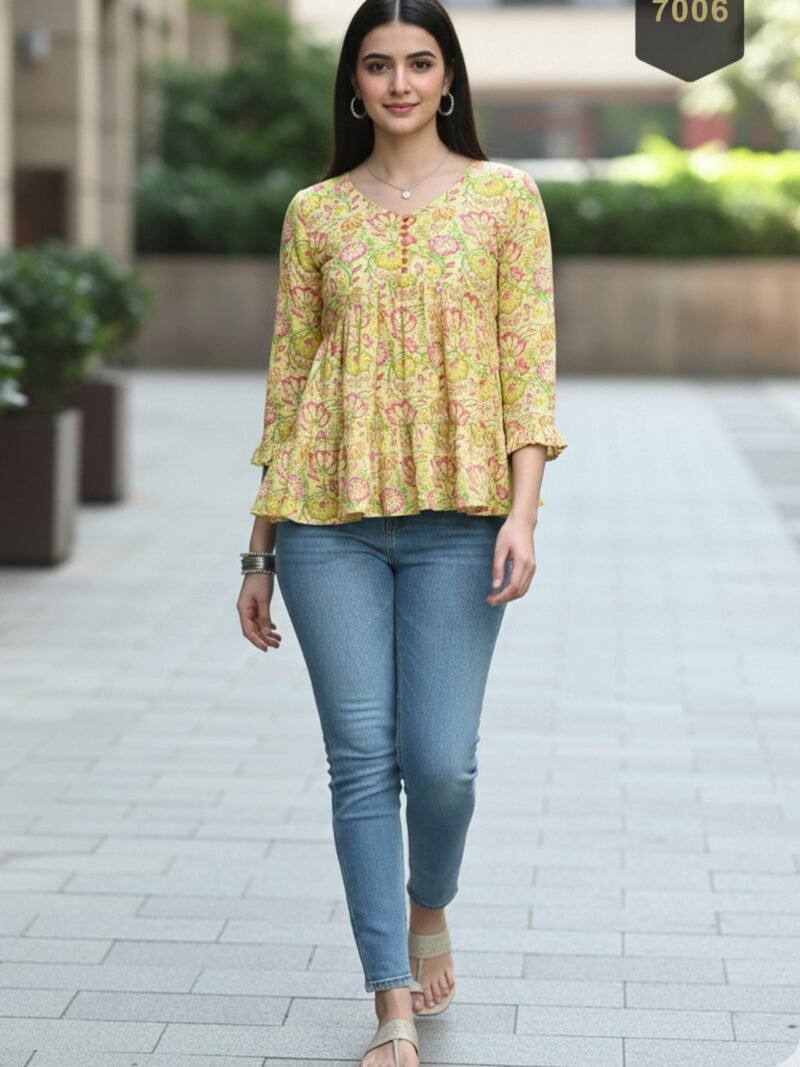 Yellow Cotton Printed Designer Kurti - Rajnandini06