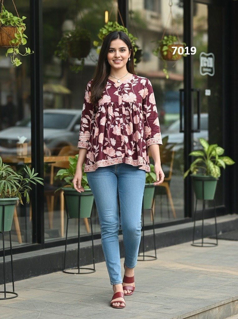 Maroon Cotton Printed Designer Kurti - Rajnandini10