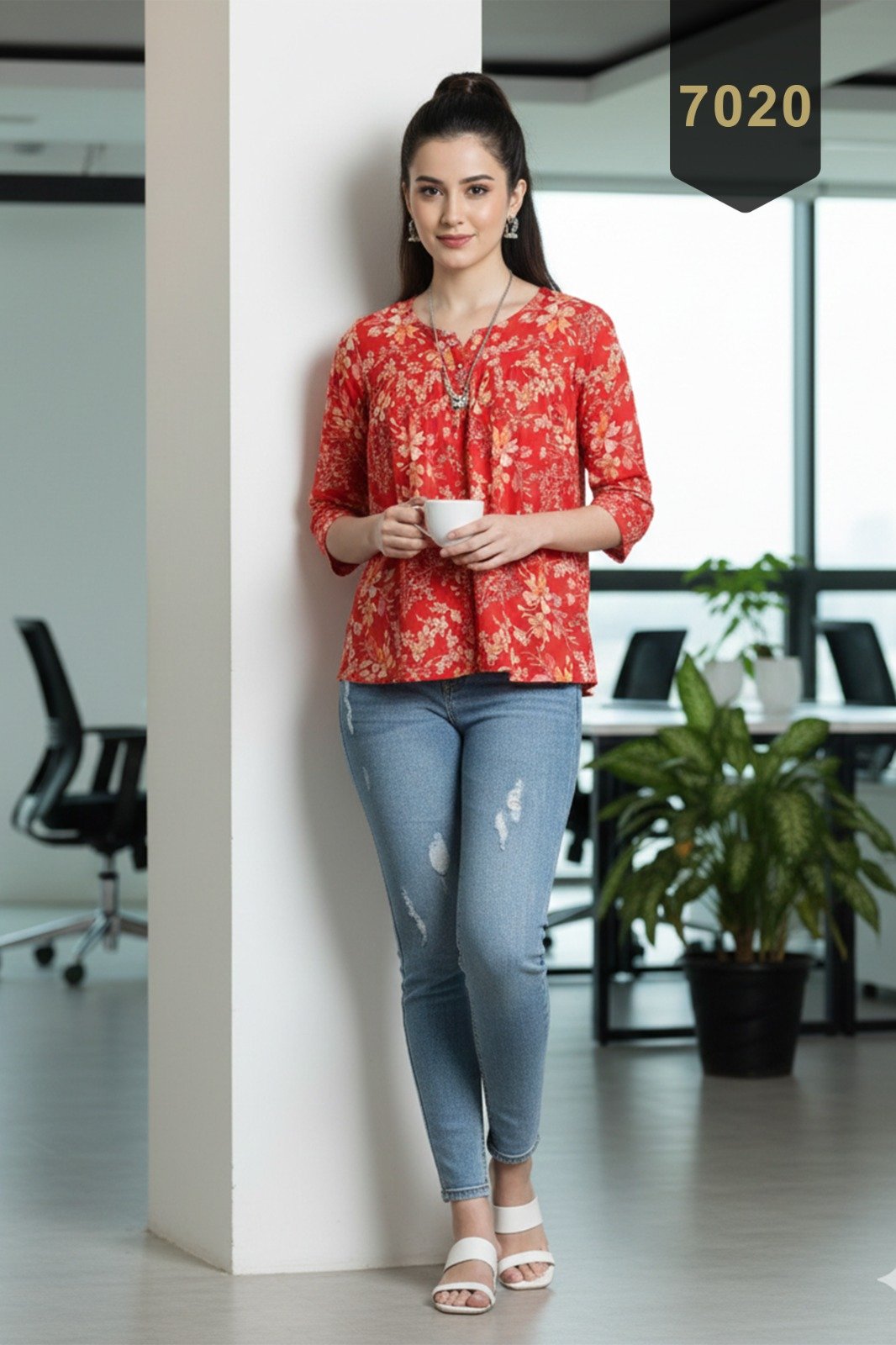 Orange Cotton Printed Designer Kurti - Rajnandini12