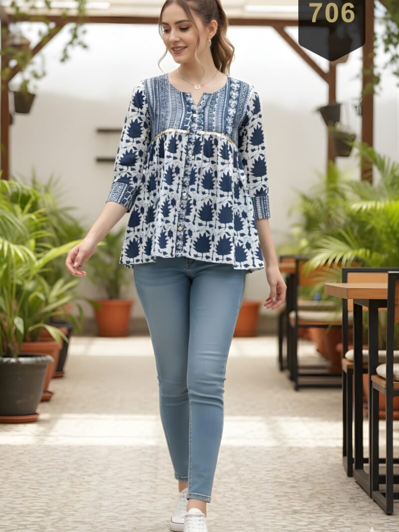 Navy Blue Cotton Printed Designer Kurti - Rajnandini15