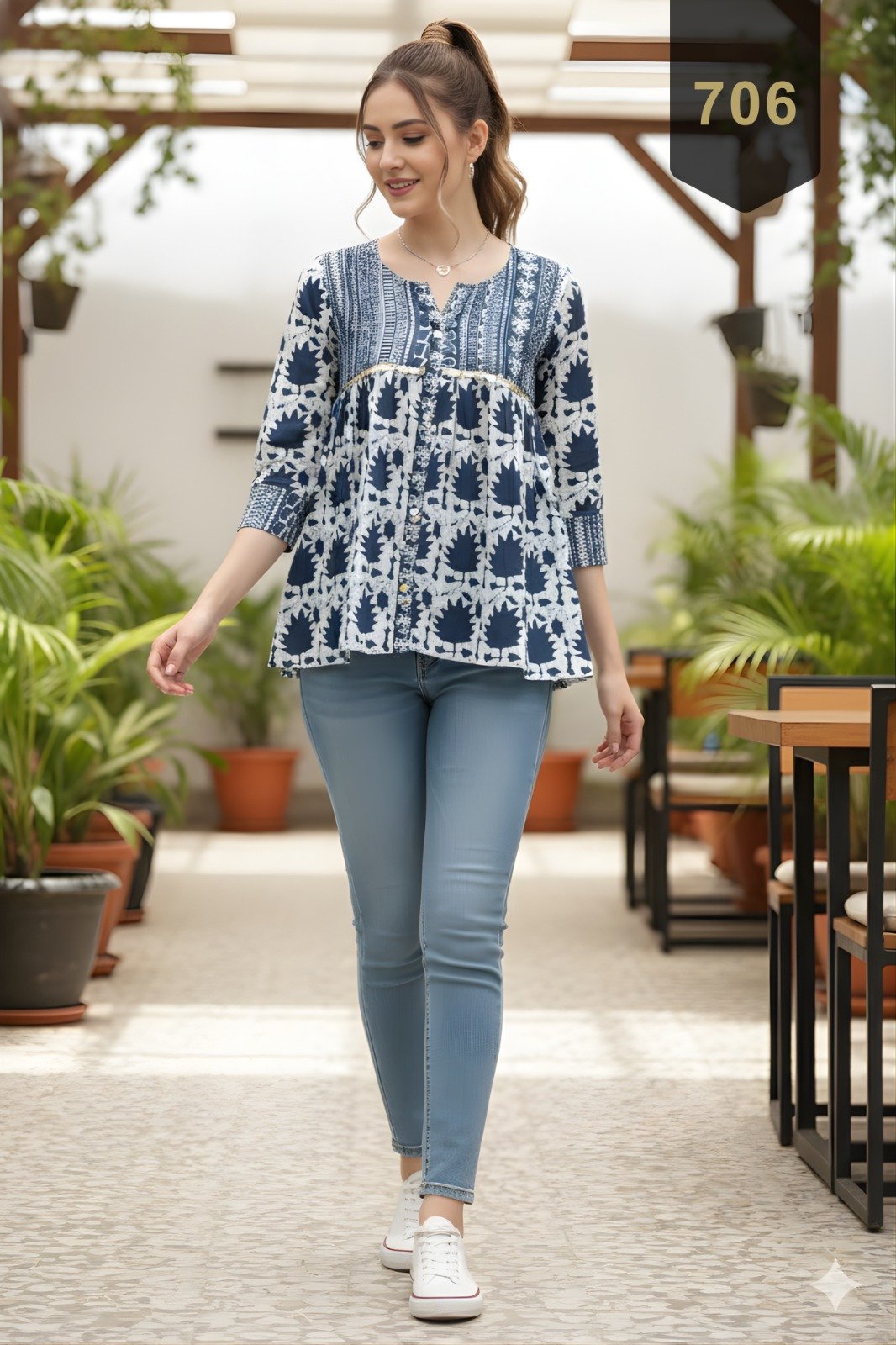 Navy Blue Cotton Printed Designer Kurti - Rajnandini15
