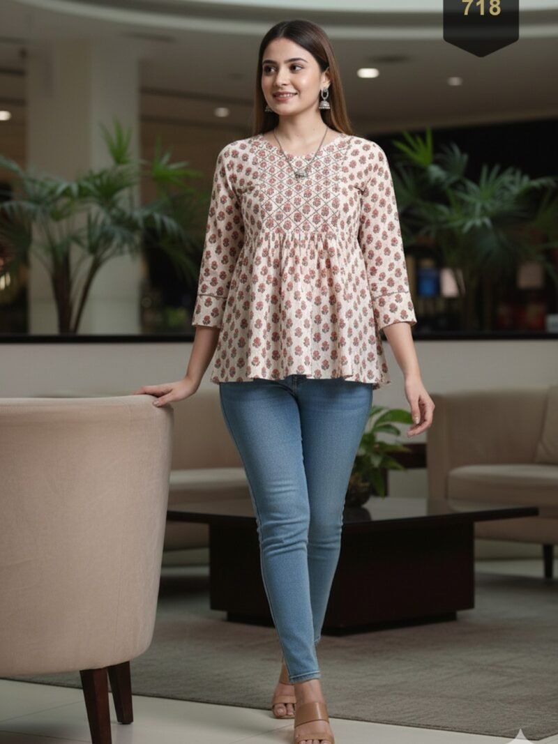 Cream Cotton Printed Designer Kurti - Rajnandini24