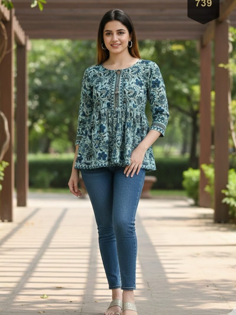 Bottle Green Cotton Printed Designer Kurti - Rajnandini27