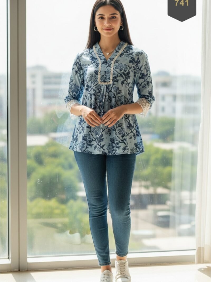 Sky Blue Cotton Printed Designer Kurti - Rajnandini29