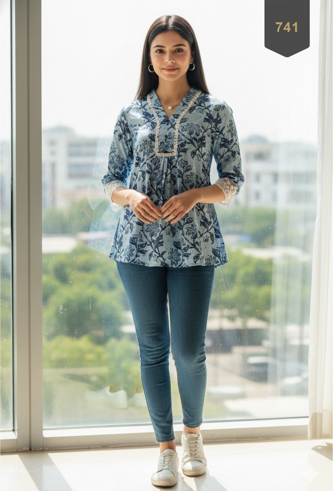 Sky Blue Cotton Printed Designer Kurti - Rajnandini29