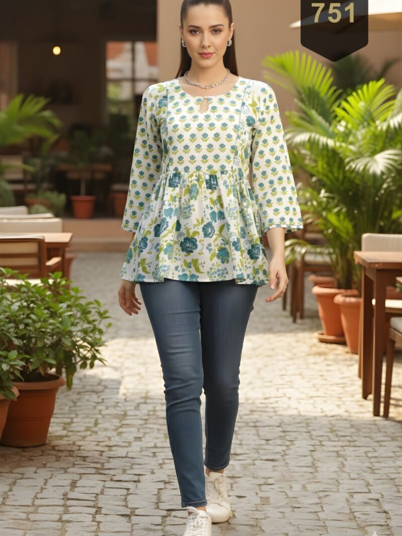 White And Green Cotton Printed Designer Kurti - Rajnandini34