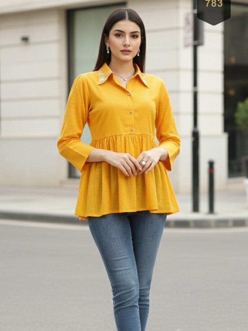Yellow Cotton Printed Designer Kurti - Rajnandini44