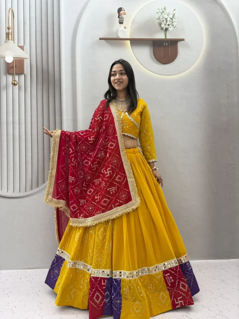 Yellow Faux Georgette Heavy Embroidery Work & Miror Lace Designer Lehenga Choli