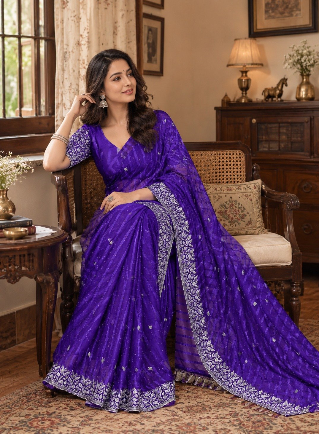 Purple Chiffon Multi Panel Work Designer Saree - Image 2